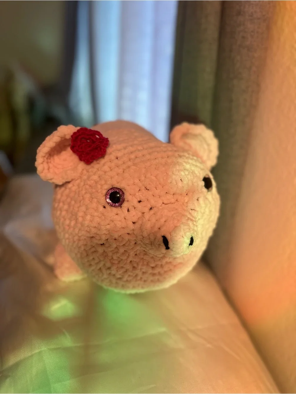 Handmade Pink Crochet Pig Plush Toy with Red Flower Accent